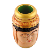 Load image into Gallery viewer, Buddha-Themed Hand-Painted Kadam Wood Pen Holder - Serene Words | NOVICA