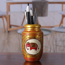 Load image into Gallery viewer, Classic Elephant-Themed Golden Kadam Wood Pen Holder - Glory of the Jungle | NOVICA