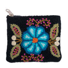 Load image into Gallery viewer, Knit Floral Blue and Black Wool Coin Purse with Zipper - Lunar Petals | NOVICA
