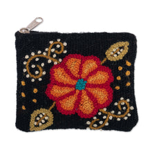 Load image into Gallery viewer, Knit Floral Orange and Black Wool Coin Purse with Zipper - Soiree Petals | NOVICA