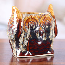 Load image into Gallery viewer, Owl-Shaped Ceramic Flower Pot in Brown Hues - Mystic Owl | NOVICA