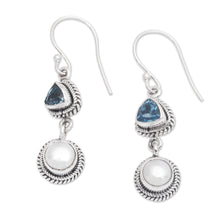 Load image into Gallery viewer, One-Carat Topaz and White Pearl Dangle Earrings from Bali - Ocean Waters | NOVICA