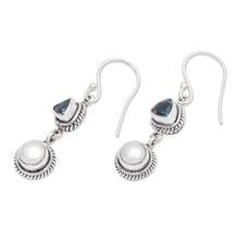 Load image into Gallery viewer, One-Carat Topaz and White Pearl Dangle Earrings from Bali - Ocean Waters | NOVICA