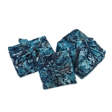 Load image into Gallery viewer, 3 Upcycled Blue Leaf-Themed Batik Furoshiki-Style Gift Wraps - Blue Indigo | NOVICA
