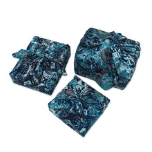 Load image into Gallery viewer, 3 Upcycled Blue Leaf-Themed Batik Furoshiki-Style Gift Wraps - Blue Indigo | NOVICA