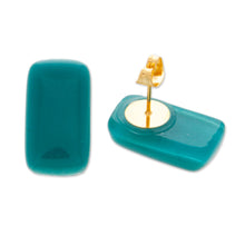 Load image into Gallery viewer, Teal Modern Handmade Art Glass Rectangular Button Earrings - Teal Geometry | NOVICA
