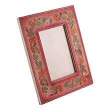 Load image into Gallery viewer, Floral and Leafy Embossed Leather Photo Frame in Warm Hues - Blossoming Warmth | NOVICA