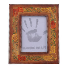 Load image into Gallery viewer, Autumn-Themed Amber and Vermilion Leather Photo Frame (4x6) - Autumn Ecstasy | NOVICA