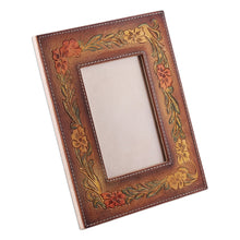 Load image into Gallery viewer, Autumn-Themed Amber and Vermilion Leather Photo Frame (4x6) - Autumn Ecstasy | NOVICA
