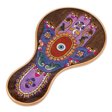 Load image into Gallery viewer, Floral Patterned Reverse-Painted Wood Hand Mirror from Peru - Princess Reflection | NOVICA