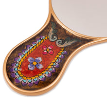 Load image into Gallery viewer, Floral Patterned Reverse-Painted Wood Hand Mirror from Peru - Princess Reflection | NOVICA