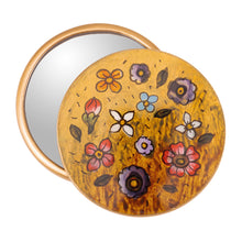 Load image into Gallery viewer, Spring-Themed Reverse-Painted Round Pocket Mirror in Yellow - Jolly Spring | NOVICA