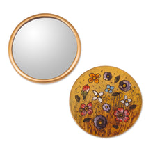 Load image into Gallery viewer, Spring-Themed Reverse-Painted Round Pocket Mirror in Yellow - Jolly Spring | NOVICA