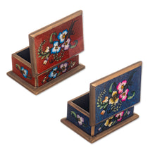 Load image into Gallery viewer, 2 Red and Blue Reverse Painted Glass Floral Decorative Boxes - Precious Garden | NOVICA