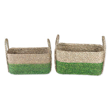 Load image into Gallery viewer, Handwoven Set of 2 Green and Beige Sabai Grass Fiber Baskets - Green Call | NOVICA