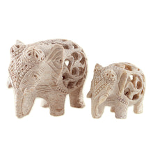 Load image into Gallery viewer, Jali-Themed 2-Piece Carved Soapstone Elephant Sculpture Set - Elephant Bonds | NOVICA