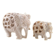 Load image into Gallery viewer, Jali-Themed 2-Piece Carved Soapstone Elephant Sculpture Set - Elephant Bonds | NOVICA