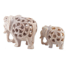 Load image into Gallery viewer, Jali-Themed 2-Piece Carved Soapstone Elephant Sculpture Set - Elephant Bonds | NOVICA
