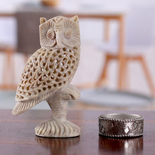 Load image into Gallery viewer, Owl-Themed Jali Soapstone Sculpture Hand-Carved in India - Nocturnal Whisper | NOVICA