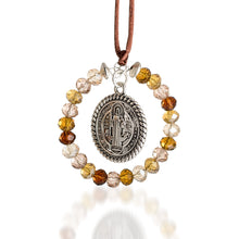 Load image into Gallery viewer, Crystal and Pewter Saint Benedict Suncatcher in Earthy Hues - Saint Benedict in Earth | NOVICA