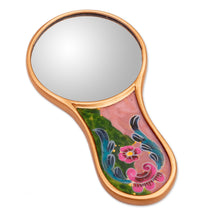 Load image into Gallery viewer, Baroque-Themed Floral Reverse-Painted Glass Wood Hand Mirror - Primaveral Fields | NOVICA