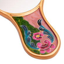 Load image into Gallery viewer, Baroque-Themed Floral Reverse-Painted Glass Wood Hand Mirror - Primaveral Fields | NOVICA