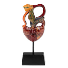 Load image into Gallery viewer, Handcrafted Leafy-Inspired Green and Red Pule Wood Mask - Eyes on Me | NOVICA
