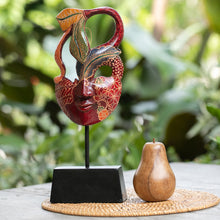 Load image into Gallery viewer, Handcrafted Leafy-Inspired Green and Red Pule Wood Mask - Eyes on Me | NOVICA