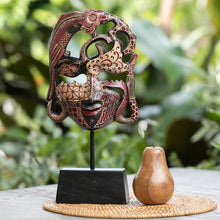 Load image into Gallery viewer, Traditional Batik Red and Brown Pule Wood Mask with Stand - Queen of Forest | NOVICA