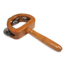 Load image into Gallery viewer, Carved Teak Wood and Stainless Steel Tambourine with Handle - Joyous Rhythm | NOVICA