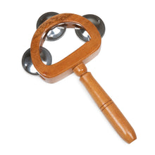 Load image into Gallery viewer, Carved Teak Wood and Stainless Steel Tambourine with Handle - Joyous Rhythm | NOVICA