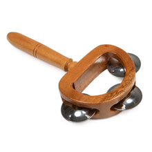 Load image into Gallery viewer, Carved Teak Wood and Stainless Steel Tambourine with Handle - Joyous Rhythm | NOVICA