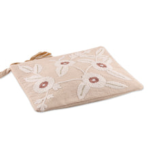 Load image into Gallery viewer, Floral Beige and Ivory Embroidered 100% Cotton Cosmetic Bag - Tranquil Spring | NOVICA