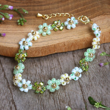 Load image into Gallery viewer, 18k Gold-Accented Crystal Beaded Bracelet in Green and Aqua - Lagoon Petals | NOVICA