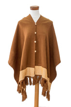 Load image into Gallery viewer, Handloomed Acrylic Cotton Poncho with Geometric Accents - Sepia Zigzag | NOVICA