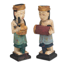 Load image into Gallery viewer, 2 Wood Sculptures of Men Playing Balinese Musical Instrument - Kempluk Players | NOVICA
