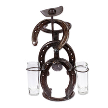 Load image into Gallery viewer, Cowboy Bull Recycled Iron Tequila Glass Stand 2-Piece Set - Cowboy Toast | NOVICA