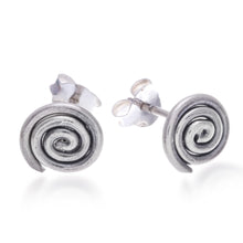 Load image into Gallery viewer, Spiral-Themed Oxidized Polished Silver Stud Earrings - Stylish Spirals | NOVICA