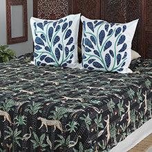 Load image into Gallery viewer, Tropical-Themed Embroidered Cotton Queen Bedspread in Black - Night Jungle Story | NOVICA
