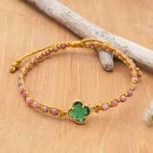 Load image into Gallery viewer, Natural Rhodonite Beaded Bracelet with Green Flower Pendant - Flower of Emotion | NOVICA
