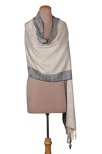 Load image into Gallery viewer, Ivory Black Diamond-Patterned Hand-Loomed 100% Silk Shawl - Posh Alabaster | NOVICA