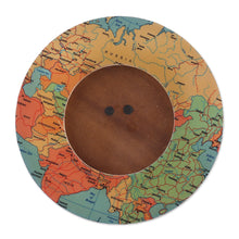 Load image into Gallery viewer, Laminated Wood 4-Inch Round Photo Frame with Map Motif - Colorful Cartography | NOVICA
