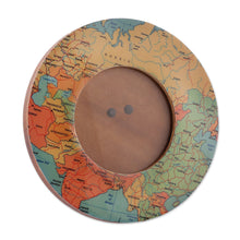 Load image into Gallery viewer, Laminated Wood 4-Inch Round Photo Frame with Map Motif - Colorful Cartography | NOVICA