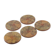 Load image into Gallery viewer, 5 Round Laminated Wood Coasters with Cartography Theme - Enchanting Cartography | NOVICA