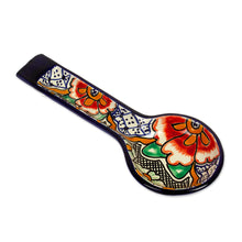 Load image into Gallery viewer, Folk Art Talavera-Style Ceramic Spoon Rest with Floral Theme - Puebla Blooms | NOVICA