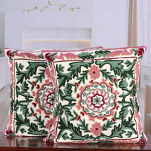 Load image into Gallery viewer, Baroque-Inspired Green and Pink Cotton Cushion Cover Pair - Baroque in Rose | NOVICA