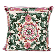Load image into Gallery viewer, Baroque-Inspired Green and Pink Cotton Cushion Cover Pair - Baroque in Rose | NOVICA