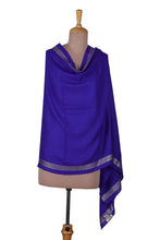 Load image into Gallery viewer, Blue Woven Wool Silk Blend Shawl with Zari Silver Stripes - Magical Blue | NOVICA