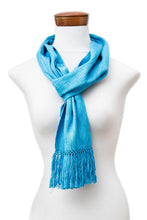 Load image into Gallery viewer, Light Blue Fringed Rayon Scarf Hand-Loomed in Guatemala - Lagoon Reflections | NOVICA