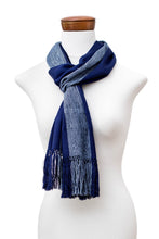 Load image into Gallery viewer, Hand-Woven Striped Fringed Rayon Scarf in Blue Shades - Dual Elegance | NOVICA